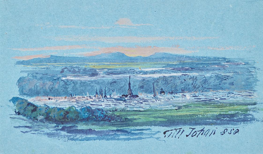 Johann Till, Blick auf Wien, 1850, Aquarell auf blauem Papier, montiert auf Karton, 9,5 × 14,5  ...