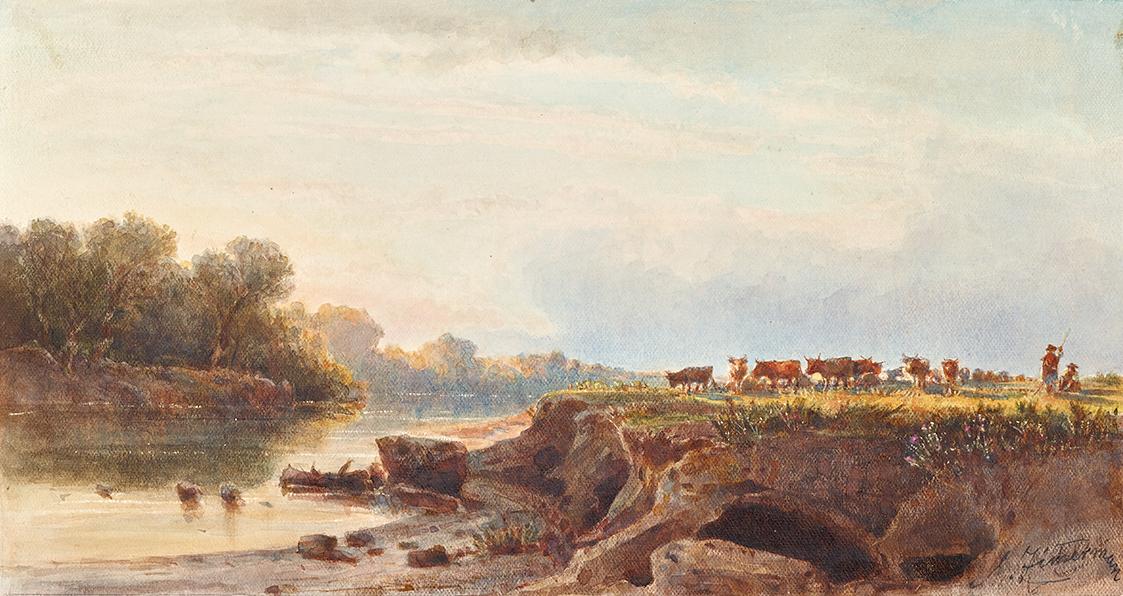 Albert Zimmermann, Flusslandschaft mit Kuhherde, undatiert, Gouache, 12,5 × 23,3 cm, Schenkung …