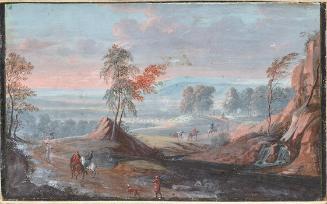 Felsige Landschaft mit Türken zu Pferd und zu Fluss, 18. Jahrhundert, Aquarell, 11,5 × 18,5 cm,…