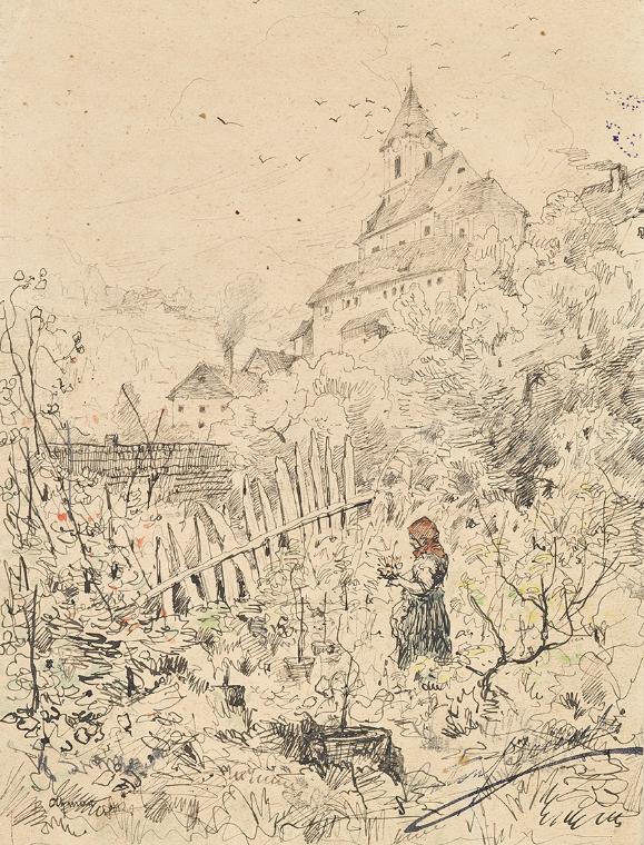 Anton Brioschi, Bauernmädchen in Garten, dahinter Kirche und Dorf, um 1880, Bleistift, Feder, A…