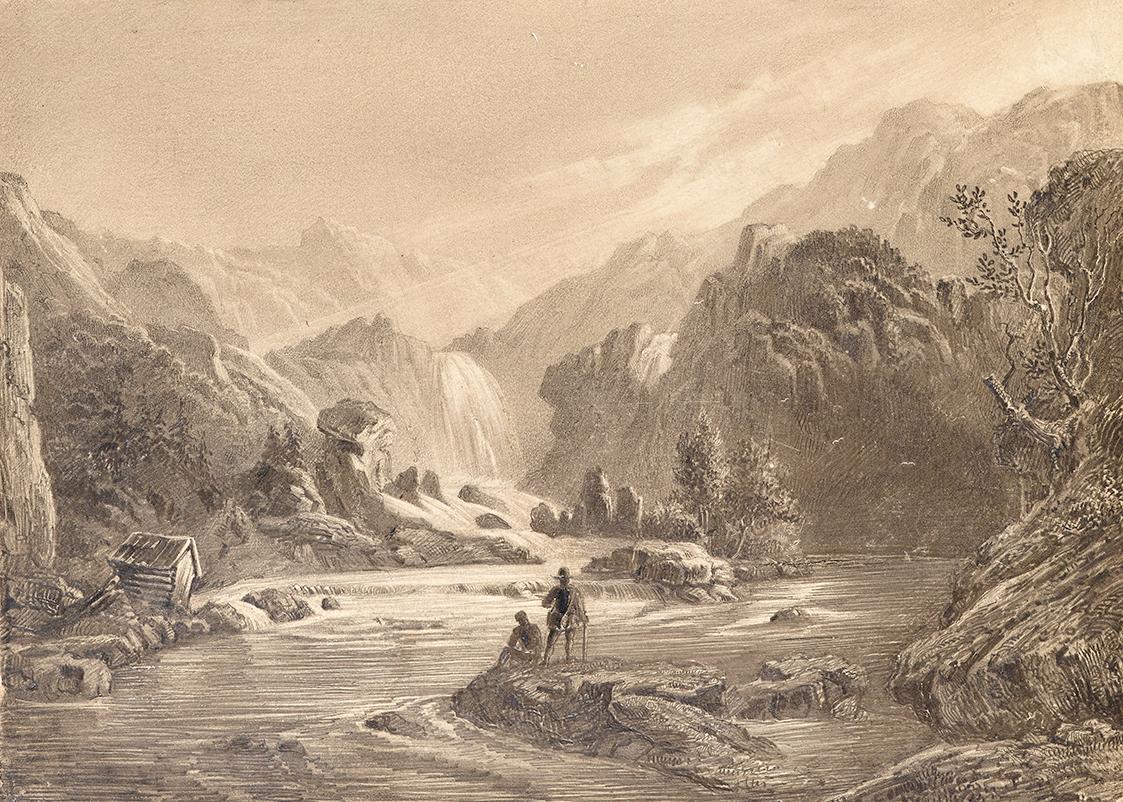August Wilhelm Lehmann, Wasserfall bei Herringsholmen, Norwegen, 1850, Bleistift auf Papier, 18…