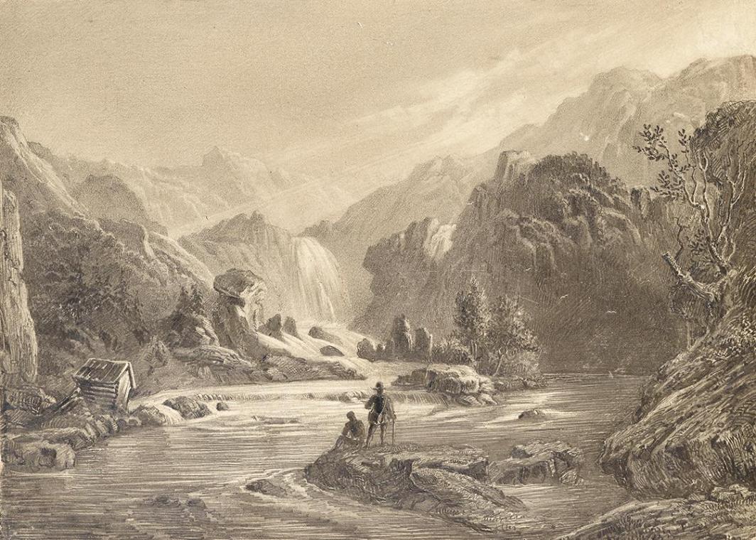 August Wilhelm Lehmann, Wasserfall bei Herringsholmen, Norwegen, 1850, Bleistift auf Papier, 18…