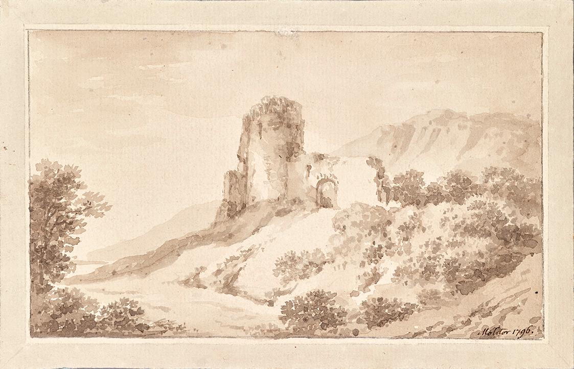 Martin von Molitor, Landschaft mit Ruine, 1796, Sepia-Aquarell auf Papier, 13,5 × 21,5 cm, Belv…