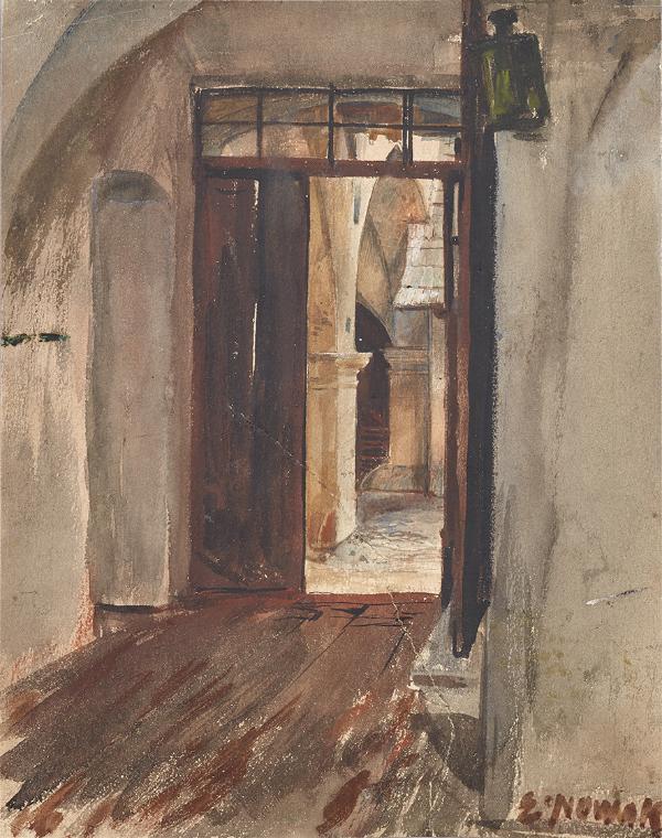 Ernst Nowak, Hausflur und Hof, um 1900, Aquarell und Tusche auf Papier, 21,5 × 16,9 cm, Belvede…