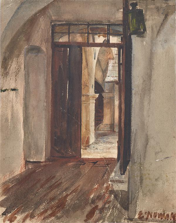 Ernst Nowak, Hausflur und Hof, um 1900, Aquarell und Tusche auf Papier, 21,5 × 16,9 cm, Belvede ...