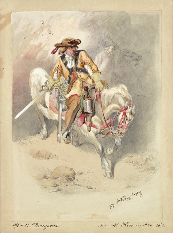 Franz Sager, Dragoner auf Schimmel, um 1870, Bleistift und Aquarell auf Papier, 26,4 × 19,6 cm,…
