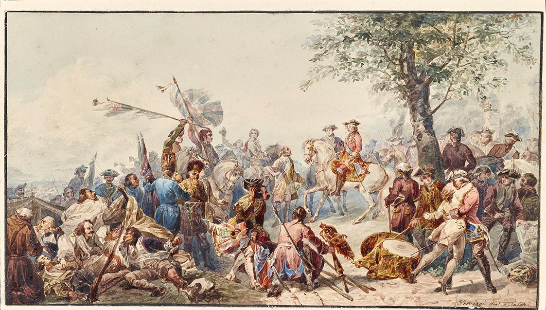 Cesare Provaggi, Englischer Feldherr und Soldaten auf Hügel, um 1870, Aquarell auf Papier, kasc…