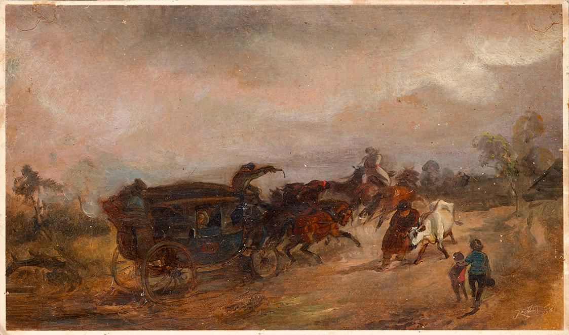 Eduard Ritter, Die Postkutsche, 1838, Öl auf Karton, 18,5 × 31,1 cm, Schenkung Sammlung Maurer,…