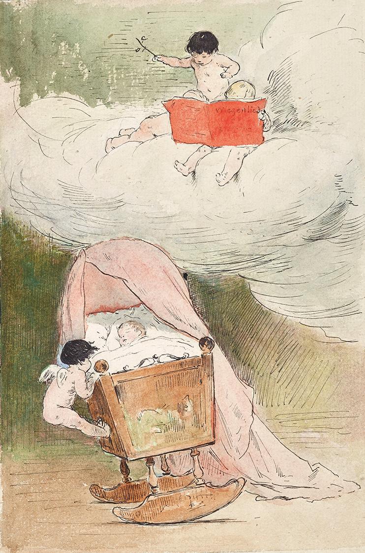 Carl Fröschl, Das Wiegenlied, um 1900, Aquarell, Federzeichnung auf Papier, 23,5 × 18,2 cm, Bel…