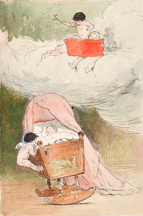 Carl Fröschl, Das Wiegenlied, um 1900, Aquarell, Federzeichnung auf Papier, 23,5 × 18,2 cm, Bel…