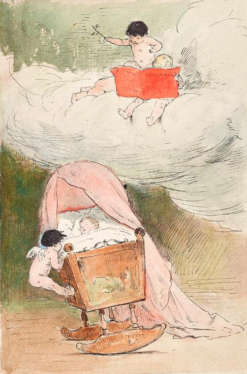 Carl Fröschl, Das Wiegenlied, um 1900, Aquarell, Federzeichnung auf Papier, 23,5 × 18,2 cm, Bel ...