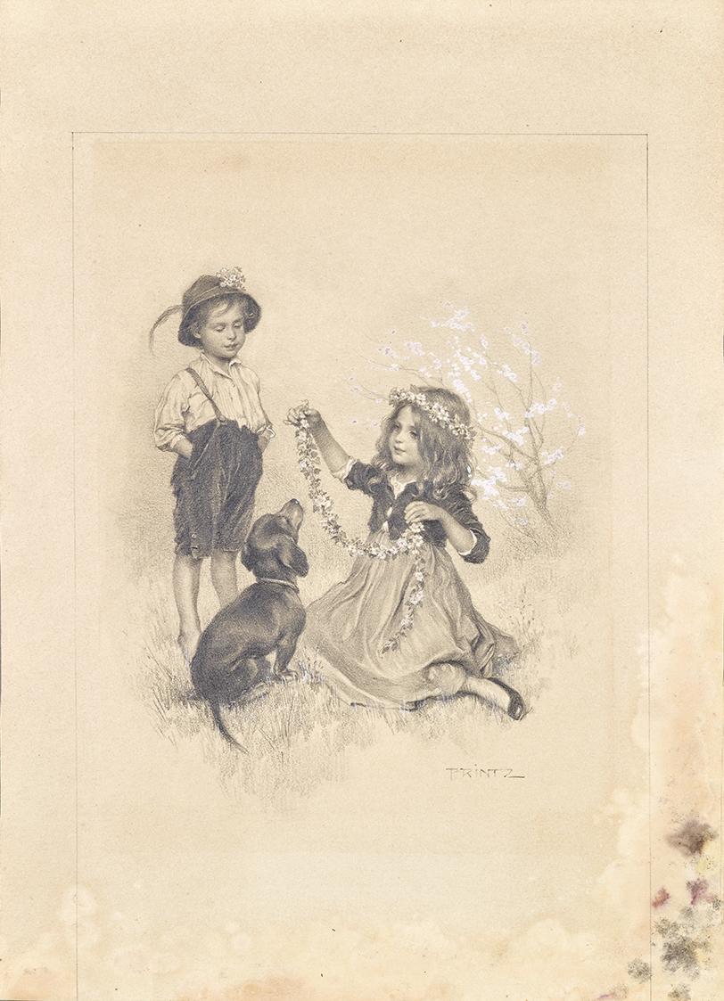 Karl Ludwig Prinz, Zwei Kinder auf Wiese mit Blumen und Dackel spielend, um 1900, Bleistift, we…