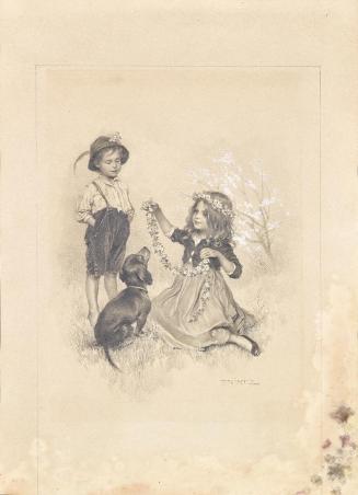Karl Ludwig Prinz, Zwei Kinder auf Wiese mit Blumen und Dackel spielend, um 1900, Bleistift, we…