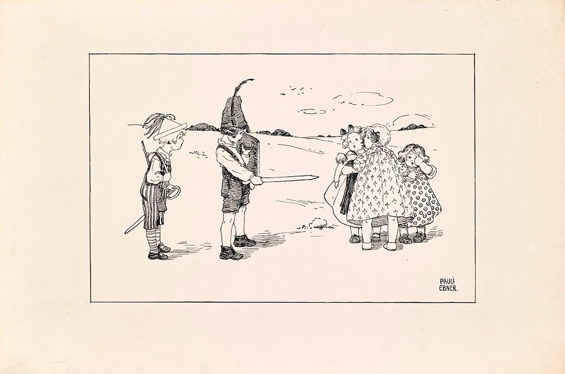 Pauline Ebner, Kinder, Soldaten spielend, um 1910, Lithografie, 20,4 × 31 cm, Belvedere, Wien, …