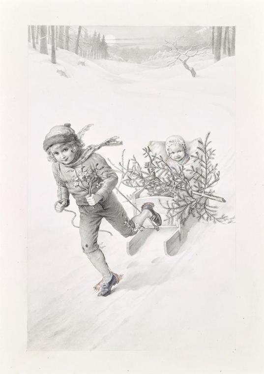 Carl Fröschl, Zwei Kinder, durch Winterlandschaft fahrend, um 1900, Lichtdruck, 29,2 × 20,7 cm,…