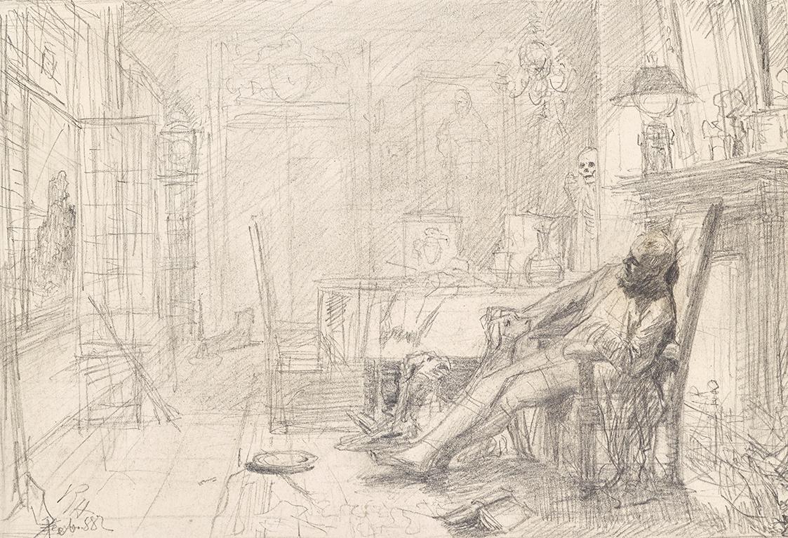 Rudolf Hausleithner, Mann in Fauteuil und Tod bei Türe, 1882, Bleistift auf Papier, 20,1 × 28,8…
