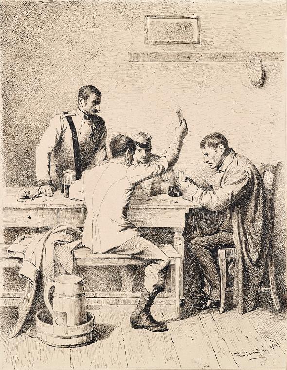 Friedrich Friedländer Ritter von Malheim, Soldaten beim Kartenspiel, 1880, Tusche in Feder auf …