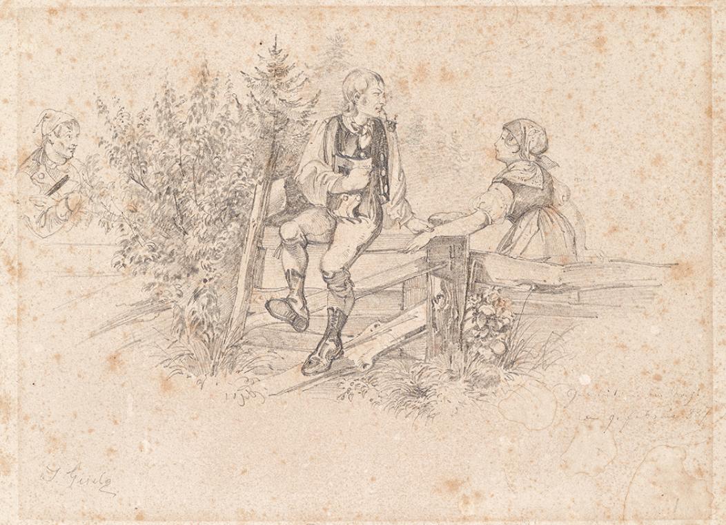 Josef Gisela, Belauschtes bäuerliches Liebespaar, 1887, Bleistift auf Papier, 17,7 × 24,3 cm, B…