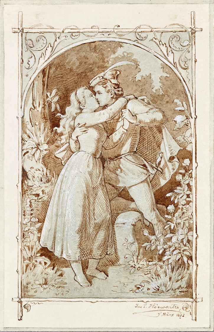 Joseph Eugen Hörwarter, Der Kuss, 1875, Tusche, weiß gehöht auf Papier, 14,5 × 9,3 cm, Belveder…
