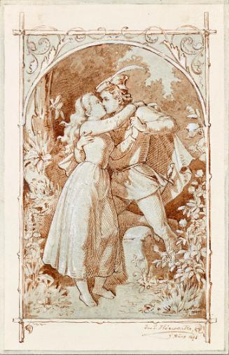 Joseph Eugen Hörwarter, Der Kuss, 1875, Tusche, weiß gehöht auf Papier, 14,5 × 9,3 cm, Belveder…
