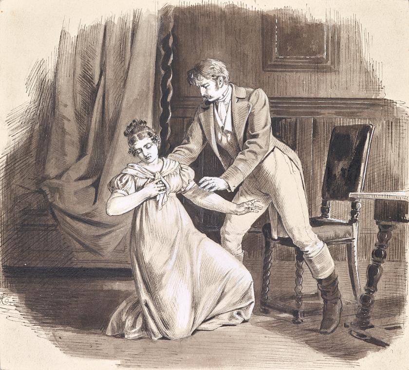 Joseph Eugen Hörwarter, Das Geständnis, um 1890, Tusche, laviert, Weißhöhungen auf Papier, 17,4…