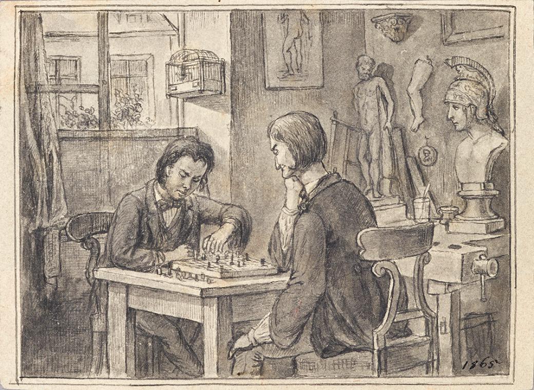 Joseph Eugen Hörwarter, Die Schachspieler im Bildhauer-Atelier, um 1870, Feder auf Papier, lavi…
