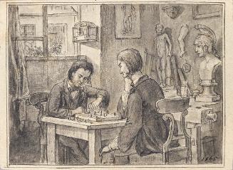 Joseph Eugen Hörwarter, Die Schachspieler im Bildhauer-Atelier, um 1870, Feder auf Papier, lavi…