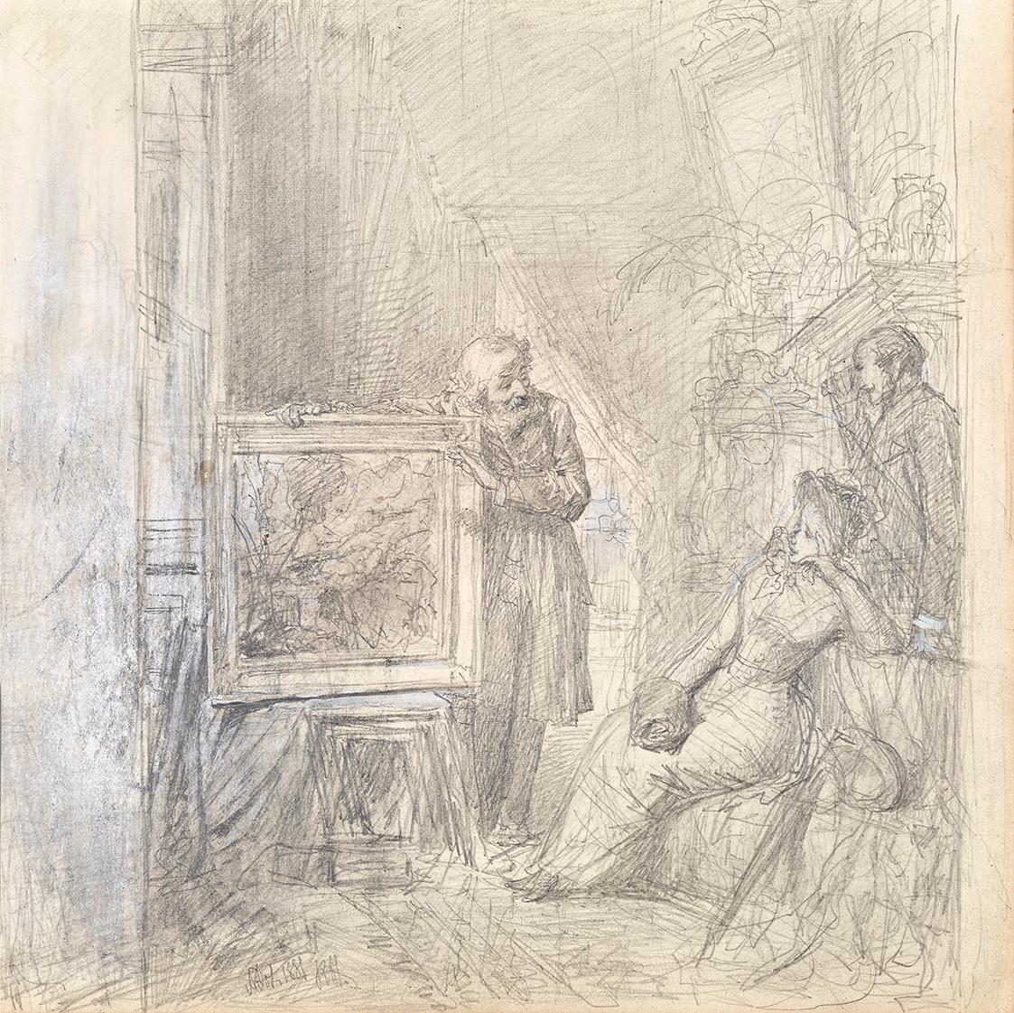 Rudolf Hausleithner, In einem Atelier, 1881, Bleistift mit Weißhöhungen auf Papier, 22 × 22 cm,…
