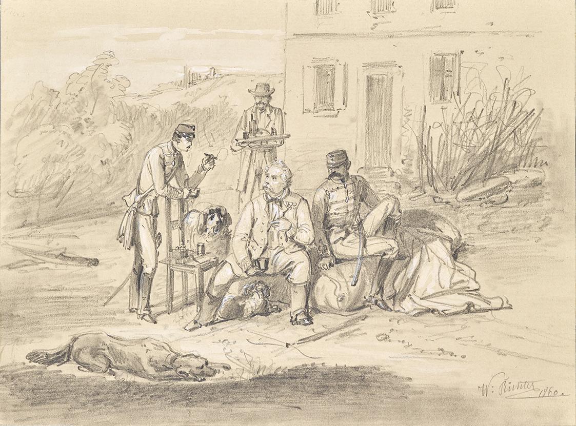 Wilhelm Richter, Drei Offiziere nach der Schlacht von Solferino, 1860, Bleistift, weiß gehöht, …