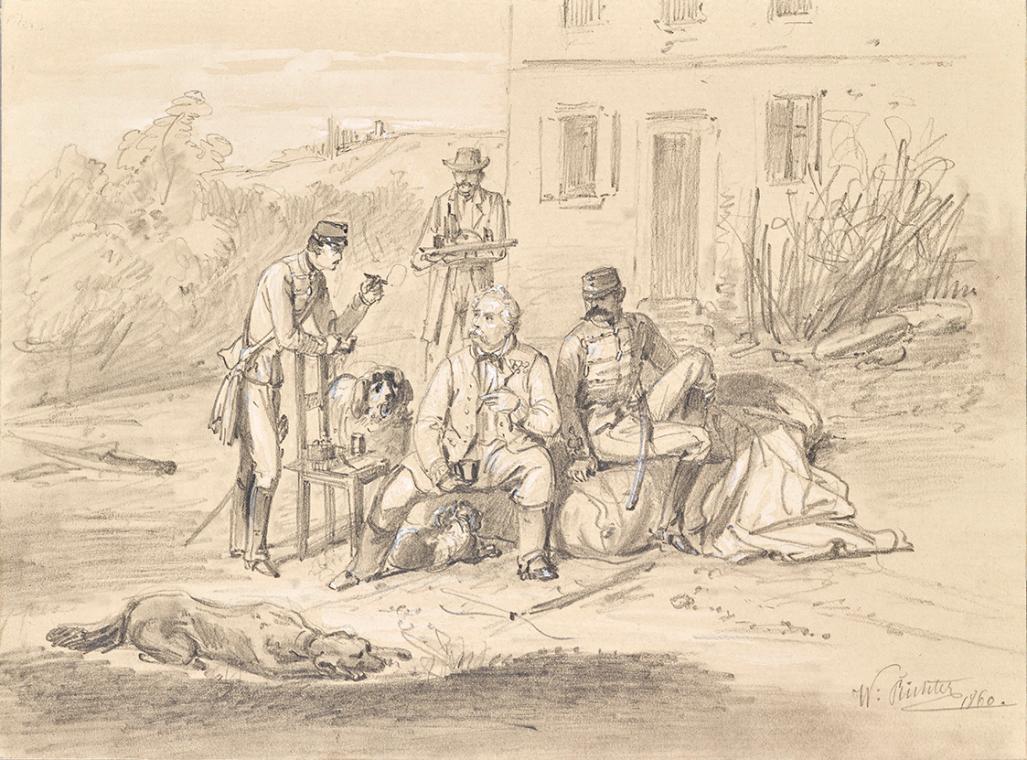 Wilhelm Richter, Drei Offiziere nach der Schlacht von Solferino, 1860, Bleistift, weiß gehöht, …