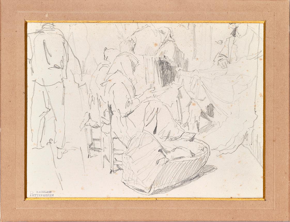 August von Pettenkofen, Frauen mit Kopftüchern und Wiege, undatiert, Bleistift auf Papier, 13,6…