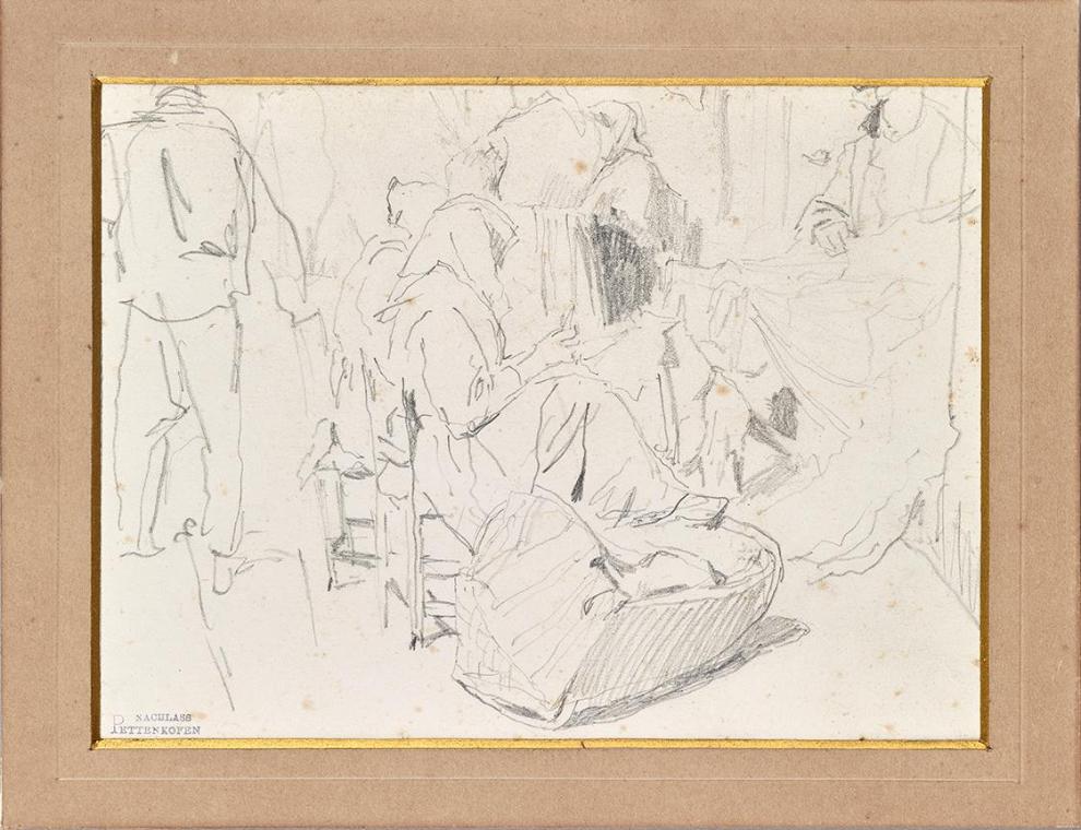 August von Pettenkofen, Frauen mit Kopftüchern und Wiege, undatiert, Bleistift auf Papier, 13,6…
