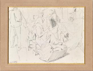 August von Pettenkofen, Frauen mit Kopftüchern und Wiege, undatiert, Bleistift auf Papier, 13,6…