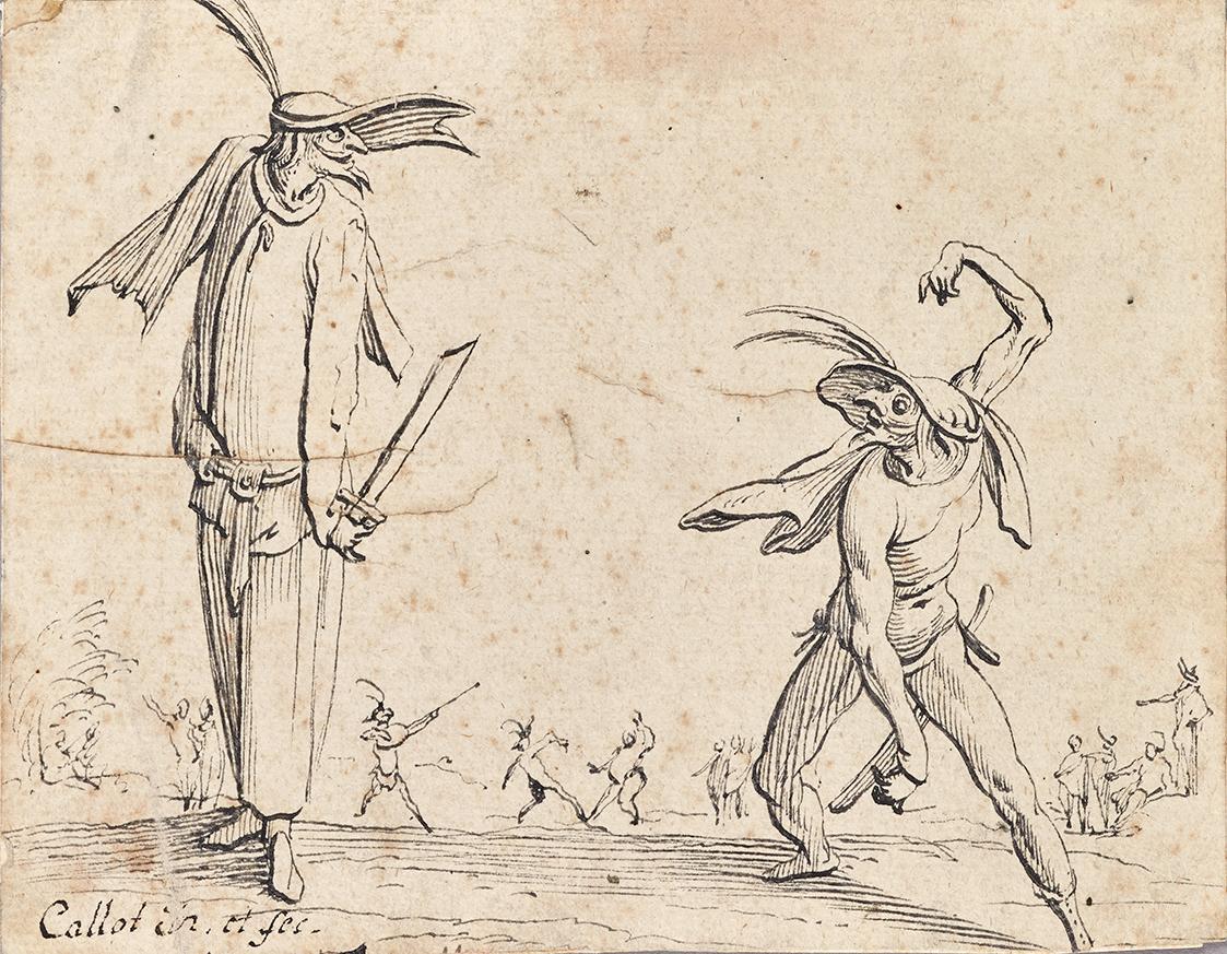 Jacques Callot, Gian Fritello und Ciurlo, wohl 18. Jahrhundert, Tusche auf Papier, 11,2 × 14,4 …