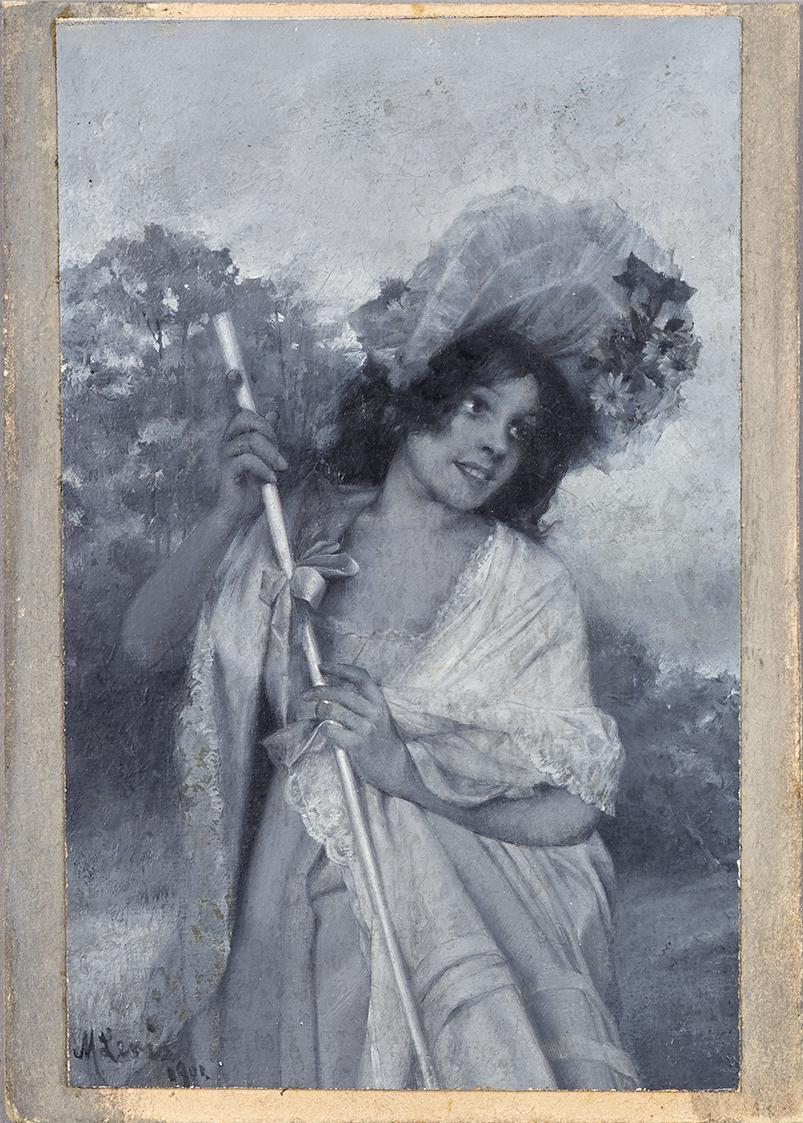 Max Levis, Mädchen mit Spitzenschal und Hut auf Wiese, 1902, Öl auf Papier, kaschiert auf Karto…