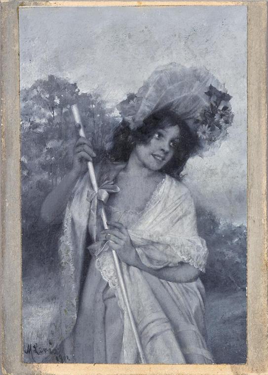 Max Levis, Mädchen mit Spitzenschal und Hut auf Wiese, 1902, Öl auf Papier, kaschiert auf Karto…