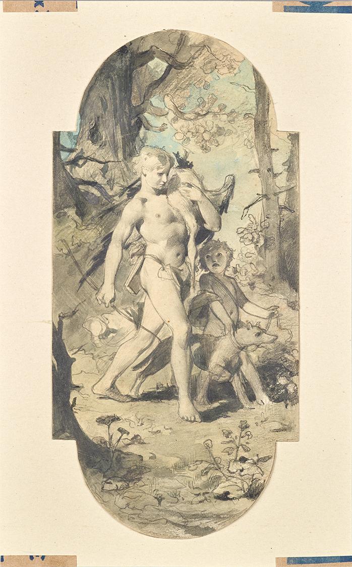 F. Emmert, Nackter Jüngling mit Bogen und erlegtem Reiher (Allegorie der Reiherjagd), um 1900, …