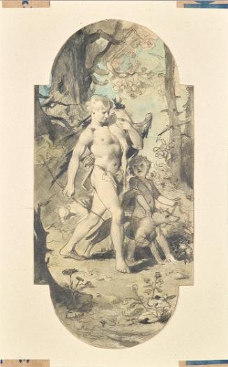 F. Emmert, Nackter Jüngling mit Bogen und erlegtem Reiher (Allegorie der Reiherjagd), um 1900, …