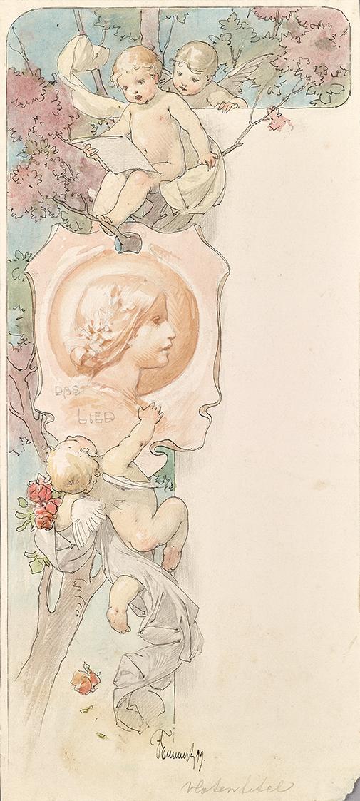 F. Emmert, Titelblatt-Entwurf zu "Das Lied", 1899, Tusche, Bleistift und Aquarell auf Papier, 3…