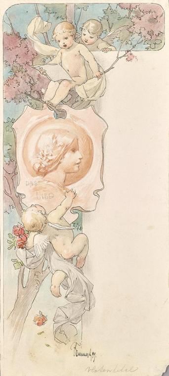 F. Emmert, Titelblatt-Entwurf zu "Das Lied", 1899, Tusche, Bleistift und Aquarell auf Papier, 3…