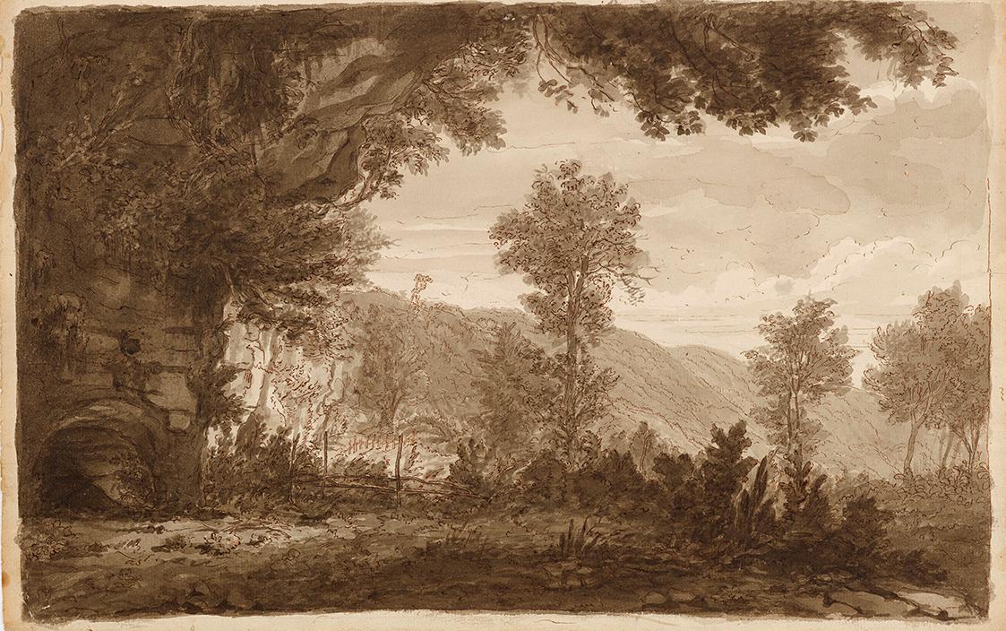 Italienische Landschaft mit Höhleneingang