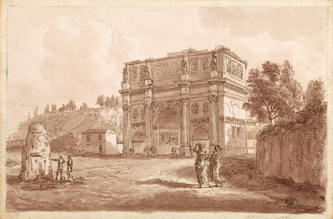 Unbekannter Künstler, Der Konstantinsbogen in Rom, 1775/1785, Braune Feder laviert auf Papier, …