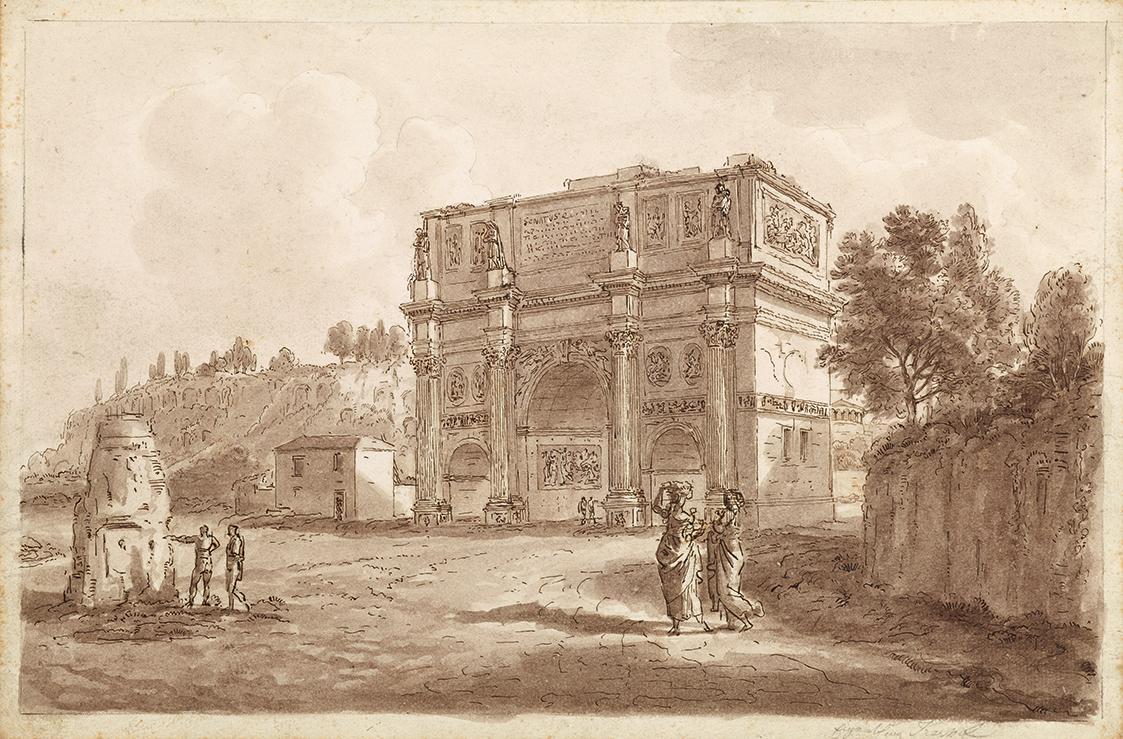 Unbekannter Künstler, Der Konstantinsbogen in Rom, 1775/1785, Braune Feder laviert auf Papier, …