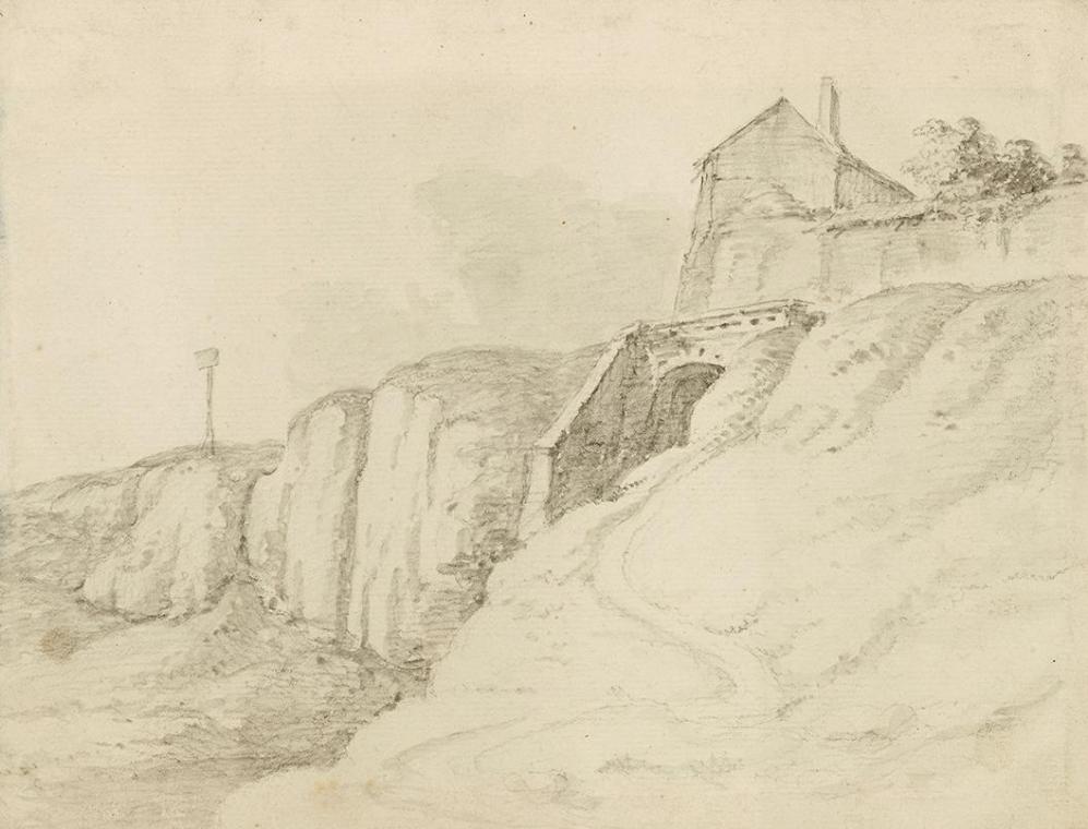 Franz Edmund Weirotter, Haus über Klippen (Brücke), undatiert, Bleistift auf Papier, 17,6 × 23 …