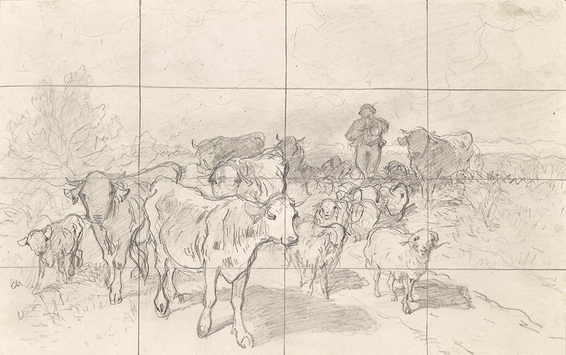 Conrad Bühlmayer, Herde mit Hirten, um 1860/1880, Bleistift auf Papier, 18,2 × 29 cm, Belvedere…