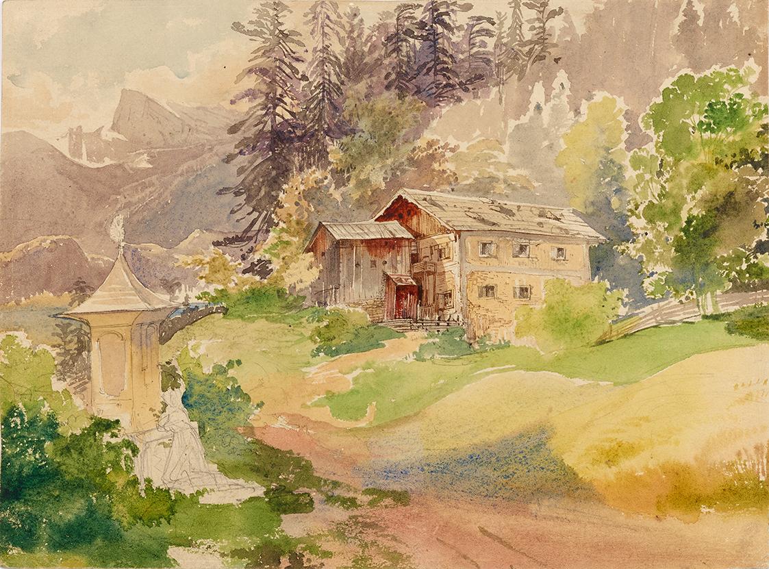 Franz Steinfeld, Alpenlandschaft mit Bauernhaus und Frau vor Marterl, undatiert, Aquarell auf P…