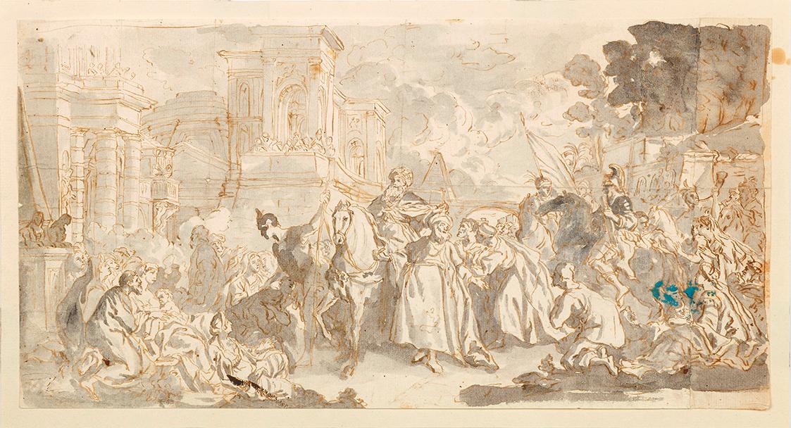 Luca Giordano, Versuchung des Mordechai (?), um 1700, Feder laviert auf Papier, 19,4 × 35,8 cm,…