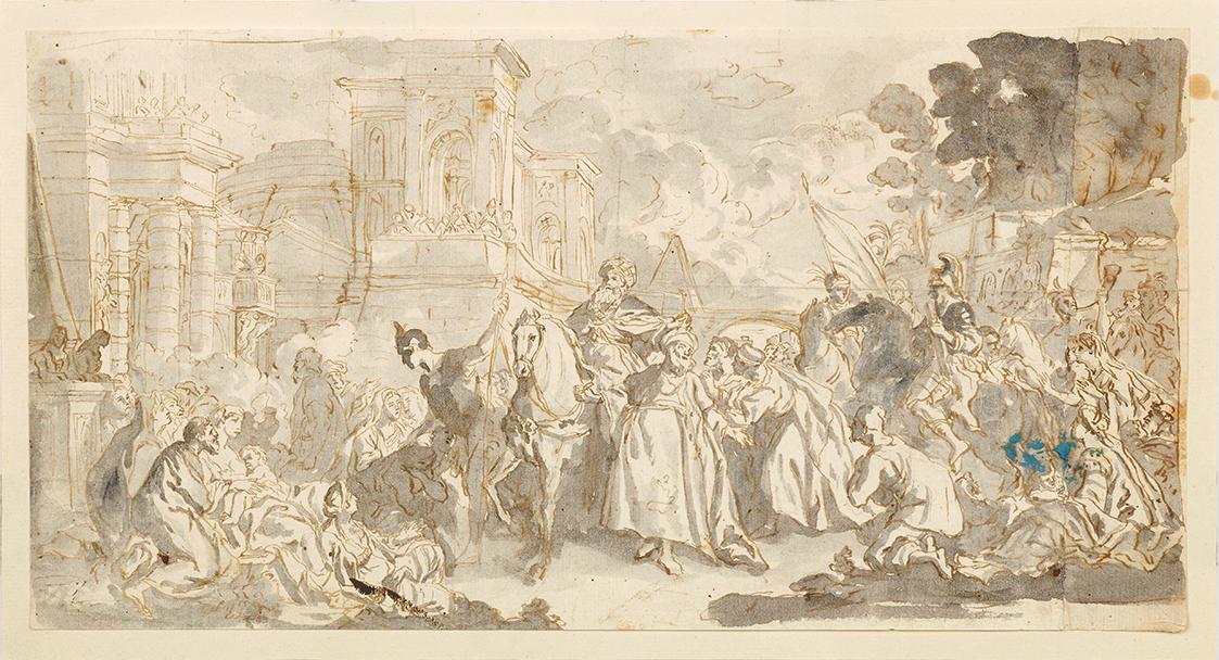 Luca Giordano, Versuchung des Mordechai (?), um 1700, Feder laviert auf Papier, 19,4 × 35,8 cm, ...