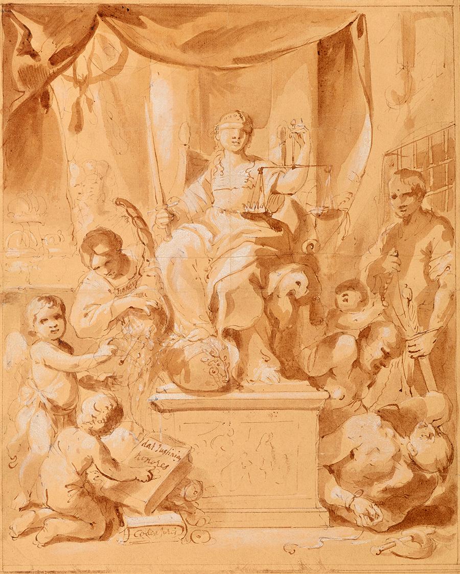 Allegorie der Gerechtigkeit, 1700/1730, Braune Feder und Aquarell auf Papier, 30,8 × 24,7 cm, B…