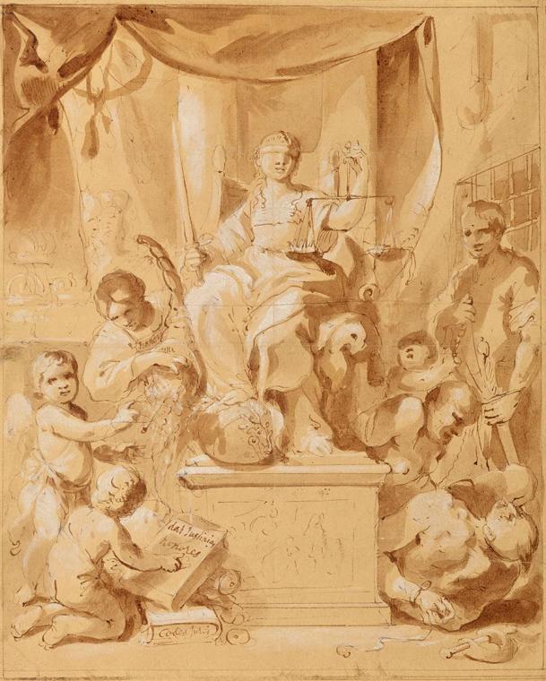 Allegorie der Gerechtigkeit, 1700/1730, Braune Feder und Aquarell auf Papier, 30,8 × 24,7 cm, B…